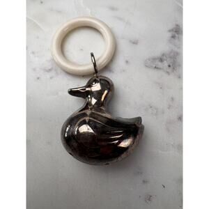 Vintage Silver-plated duck baby rattle with a plastic teething ring 1960's